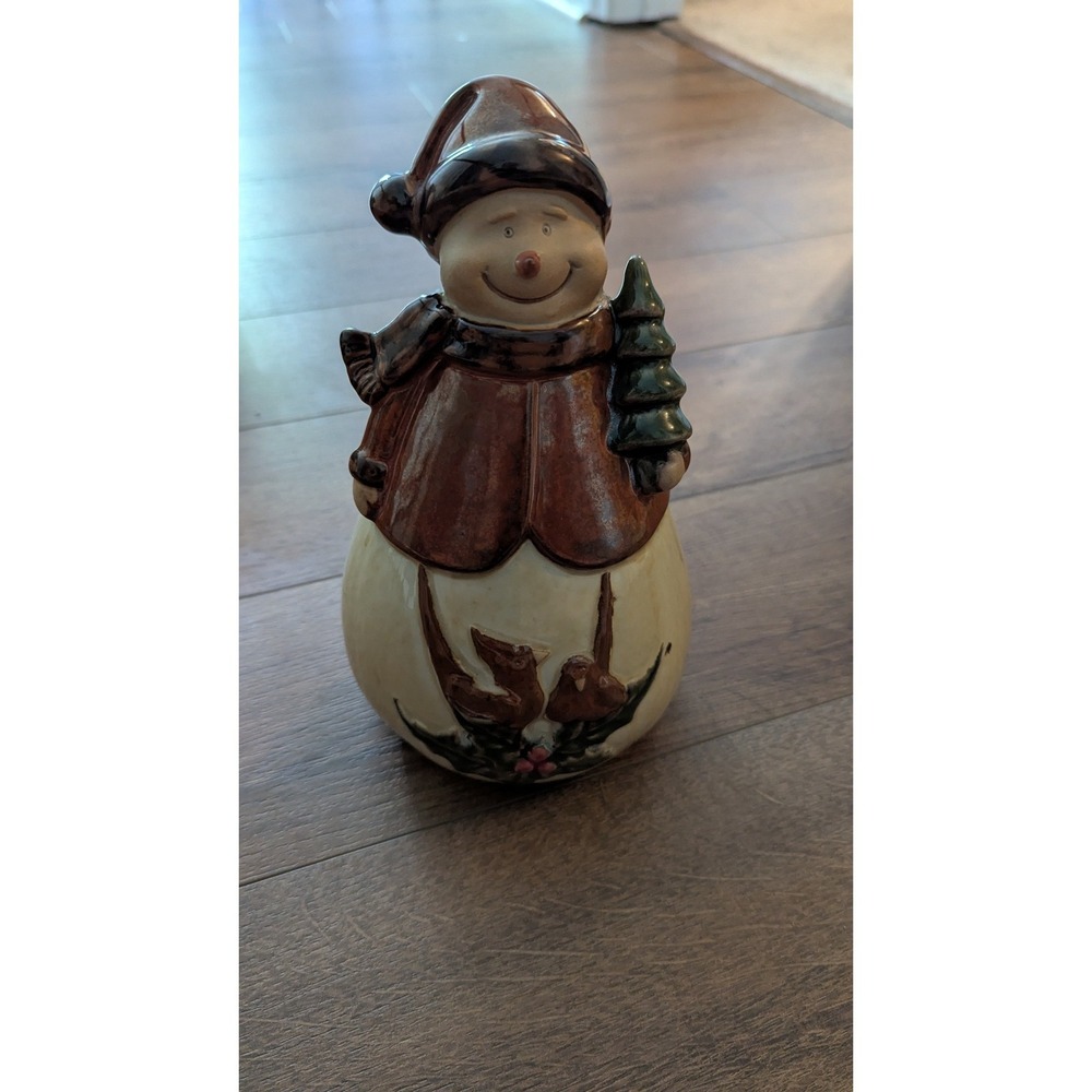 Rustic Ceramic Snowman Figurine Brown Cream Cardinal Winter Christmas Decor 8"